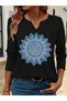 Printed Cotton-Stretch Fabric Half-V-Neck Long-Sleeve Blouse