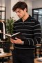 Men’s Polo Collar Zipper Knit Sweater – Long-Sleeve Winter Casual Sweater – White, Black, Burgundy, Brown - 5