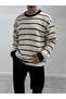 Beige Striped Oversized Sweater with a Badge SW-6003