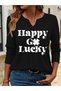 Printed Cotton-Stretch Fabric Half-V-Neck Long-Sleeve Blouse