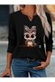 Printed Cotton-Stretch Fabric Half-V-Neck Long-Sleeve Blouse