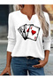Printed Cotton-Stretch Fabric Half-V-Neck Long-Sleeve Blouse