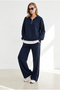 Women's Navy Blue Drapey Top and Bottom Set with Striped Detail TKM-19000531 - 4