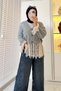Premium Lace-Detailed, Ruched-Sleeve Knit Cardigan - Light Gray