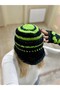 Women's Handmade Bohemian Winter Knit Hat and Fingerless Gloves Set in Black and Green with Color Blocking - 7