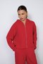 RED SOFT-TEXTURED CARDIGAN WITH HOOD AND ZIPPER