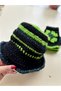 Women's Handmade Bohemian Winter Knit Hat and Fingerless Gloves Set in Black and Green with Color Blocking - 4