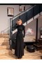 Women's Black Draped Maxi Dress with Button Closure