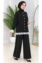 Women's Knit Set: Cardigan and Pants with Lace Embroidery on the Collar, Sleeves, and Hem, Featuring 7 Silver Buttons - 7