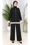 Women's Knit Set: Cardigan and Pants with Lace Embroidery on the Collar, Sleeves, and Hem, Featuring 7 Silver Buttons