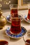 Set of 6 Glass Tea Cups and Patterned Porcelain Tea Saucers—Blue, Orange, and White Modern Pattern—12-Piece Set