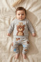 Milo Hug Bear Embroidered Baby Top and Bottom Set - 100% Cotton Jogger Pants with Teddy Bear Print and Forest Animals Design, Size S