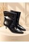 DERIN Women's Black Pointed Toe Bootie with Fur-Lined Construction, Seam Detail, 5 cm Stiletto Heel, Mid-Calf