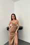 Women's Taupe Color Strapless Drapey Satin Dress - 3