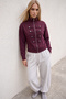 Women's burgundy stand collar decorative buttoned zippered stand collar jacket alc-x15805 - 4