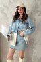 Women's Blue Knit Paneled Denim Jacket with Ruffle Trim