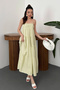 Women's Green Patchwork-Style Striped Spaghetti-Strap Cotton Muslin Dress - 2