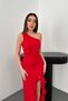Women's Red Slit Flounce Dress - 3