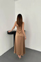 Women's Taupe Color Strapless Drapey Satin Dress - 5