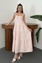Women's Pink Strapped Striped Patchwork Cotton Muslin Dress
