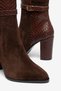 Women's Genuine Leather Suede Crocodile-Patterned Buckled Heeled Boots - Brown Suede - 3