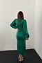 Women's Emerald Green Drapey V-Neck Satin Dress - 5