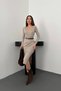 Women's Beige Knitted Textured Skirt with Slit Knit Dress