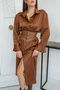 Women's Brown Leather-Paneled Drapey Satin Dress - 2