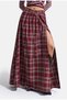 Women's Burgundy Plaid S6-35 Maxi-Length Skirt with Slit Detail, Cotton - 3