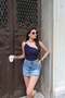 Ottoman Fabric One-Shoulder Buckled Cropped Top, Navy Blue - 2