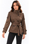 Women's Brown Short Mock Neck Trench Coat with Epaulets, Buttons, Lining, and Belted Design - 5