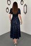 Women's Navy Blue Lined Sequin-Embellished Stretch Fabric Evening Gown - 5