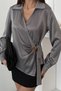 Women's Gray Satin Blouse with Button Details and Drapey Silhouette - 4