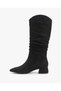 Women's Black Suede Gaiter Boots with Low Block Heels, Ruched, Casual, Comfortable, Long Boots - 6