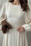 Women's Beige Long-Sleeved Skirted, Ruched, Lined Cotton Dress - 4