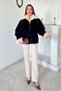 Women's Navy Blue Suede Jacket with Sheep's Wool Collar Detail and Embellishments - 3