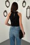Women's Black Blouse with Rose Details and Lined Design - 5