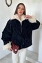 Women's Navy Blue Suede Jacket with Sheep's Wool Collar Detail and Embellishments - 2