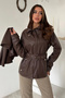 Women's Brown Lined Leather-Look Jacket with a Cape - 2