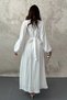 Women's White Skirted, Ruched, Lined, Long-Sleeved Cotton Dress - 5
