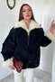 Women's Navy Blue Suede Jacket with Sheep's Wool Collar Detail and Embellishments