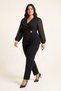 Women's Plus Size Pleated Gold-Buttoned Chiffon-Sleeve Crepe Crepe Top and Bottom Set with Pants, Black 032K - 2