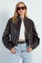 Zippered Stand Collar Pleated Faux Leather Jacket - 3