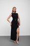 Black Gathered Dress with Buckle Detail and Slit - 4