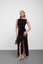Black Gathered Dress with Buckle Detail and Slit - 2