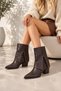 Large Size Bitter Brown Studded Fold Collar Women's Boots 41-42-43-44