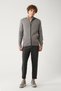 Men's Gray Stand Collar Leather Detailed Zippered Viscose Knitwear Regular Fit Cardigan B005022 - 5