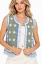 Blue Women's Crew Neck Denim Crop Vest with Chain Embroidery & Fringes - 4