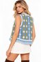 Blue Women's Crew Neck Denim Crop Vest with Chain Embroidery & Fringes - 6