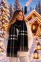 London | Women's Winter Shawl 50x190 cm | Black, Gray, and Red Oversized Plaid-Patterned Thick, Soft, Tasseled Shoulder Shawl With Scarf